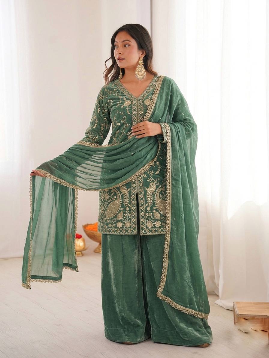 Tea Green Heavy Embroidery Sequence Sharara Suit