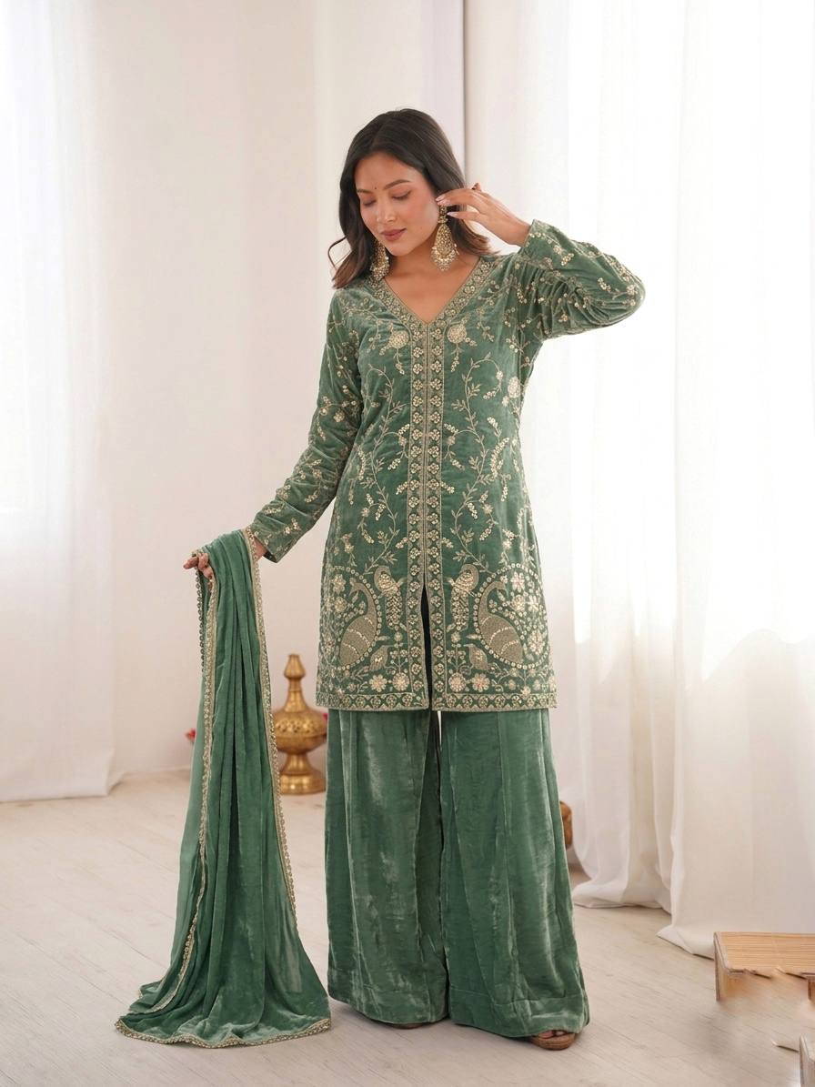 Tea Green Heavy Embroidery Sequence Sharara Suit