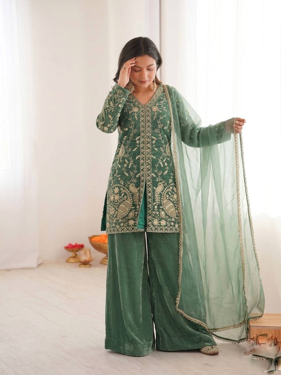 Tea Green Heavy Embroidery Sequence Sharara Suit