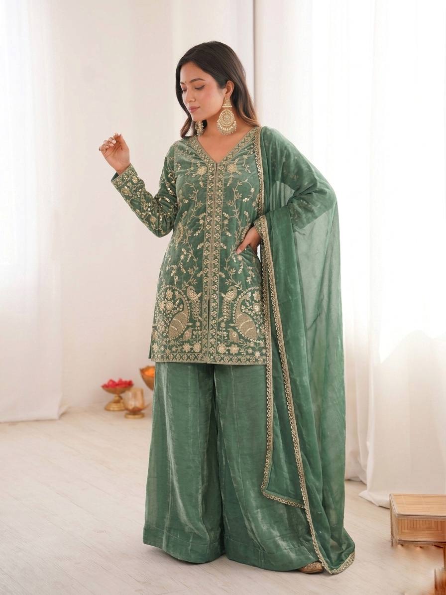 Tea Green Heavy Embroidery Sequence Sharara Suit