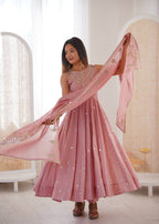 Peach Roman Embroidery Work Suit Set