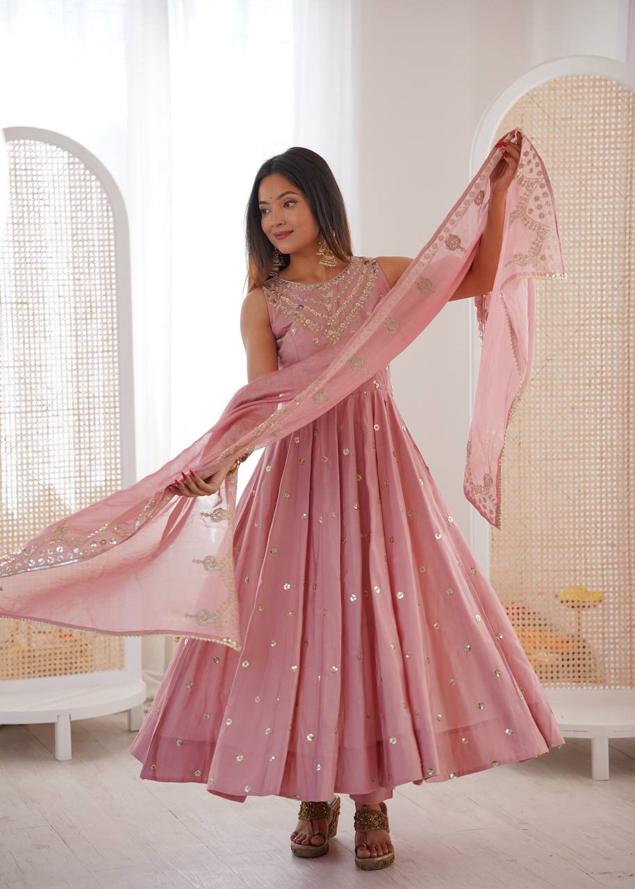 Peach Roman Embroidery Work Suit Set