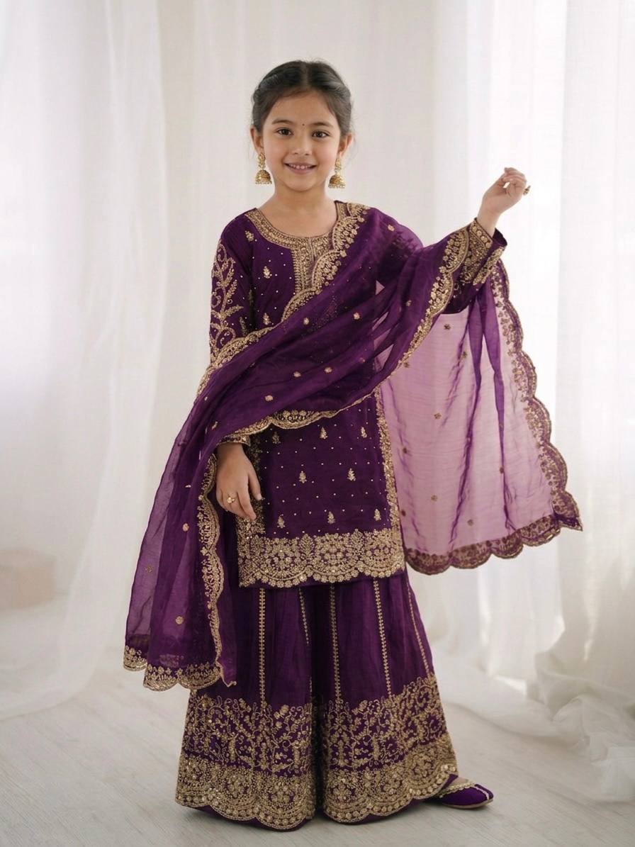 Violent Fandy Silk Embroidery Kid,s Sharara Set