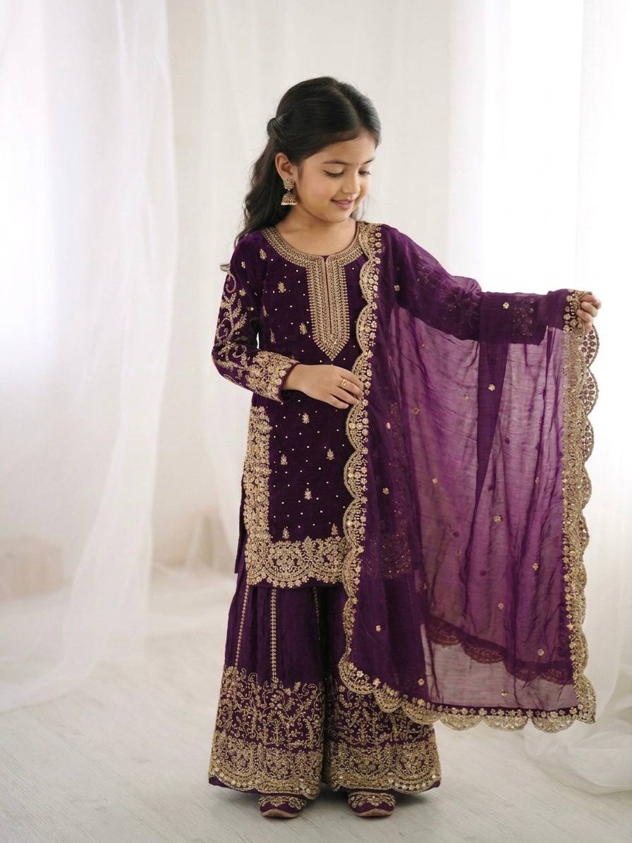 Violent Fandy Silk Embroidery Kid,s Sharara Set