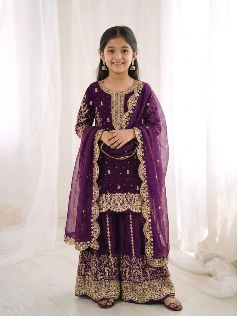 Violent Fandy Silk Embroidery Kid,s Sharara Set