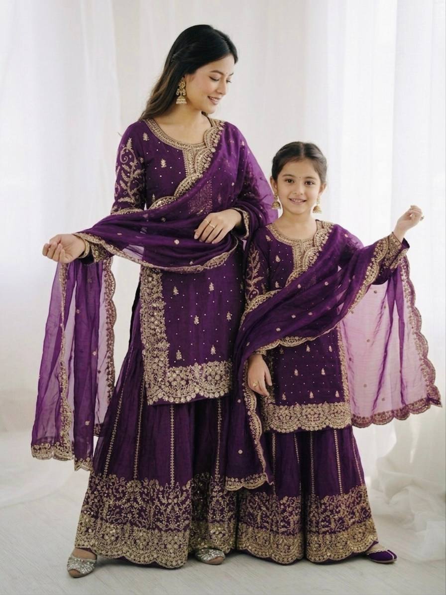 Violent Mother-Daughter Fandy Silk Embroidery Sharara Set