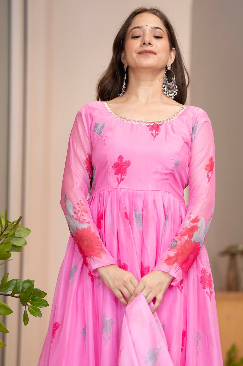Radha Soft Lightweight Organza Floral Print Kurta Set