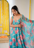 Blue Muslin Floral Print Kurta Set