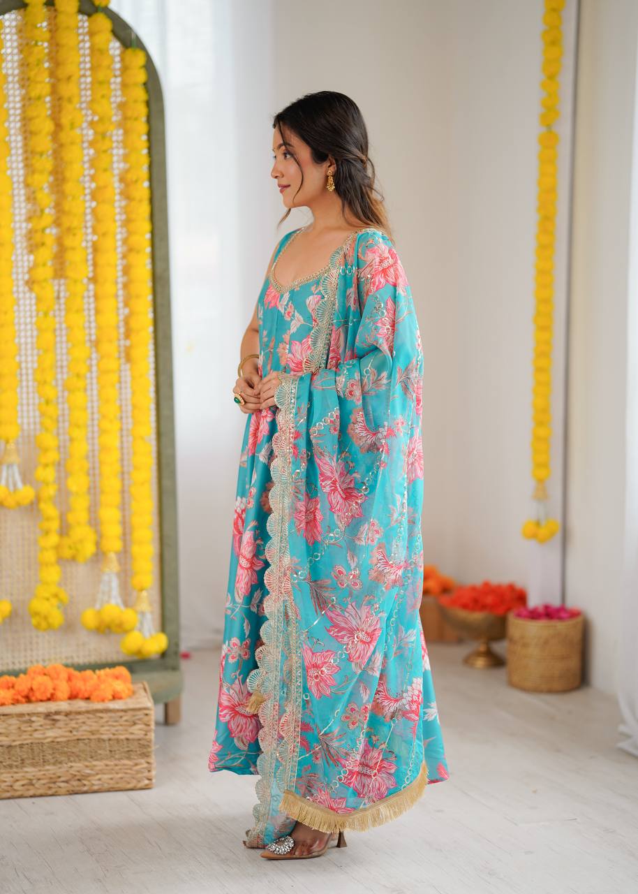 Blue Muslin Floral Print Kurta Set