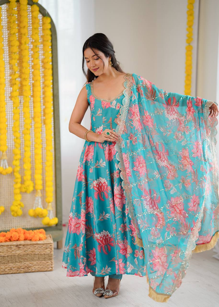 Blue Muslin Floral Print Kurta Set