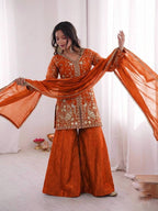 Orange Heavy Embroidery Sequence Sharara Suit