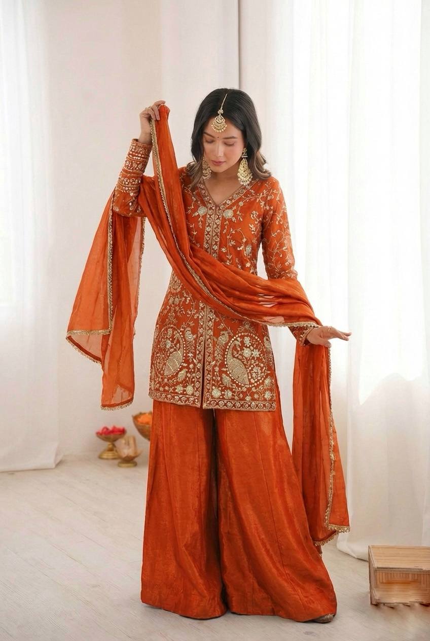 Orange Heavy Embroidery Sequence Sharara Suit