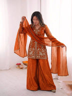 Orange Heavy Embroidery Sequence Sharara Suit