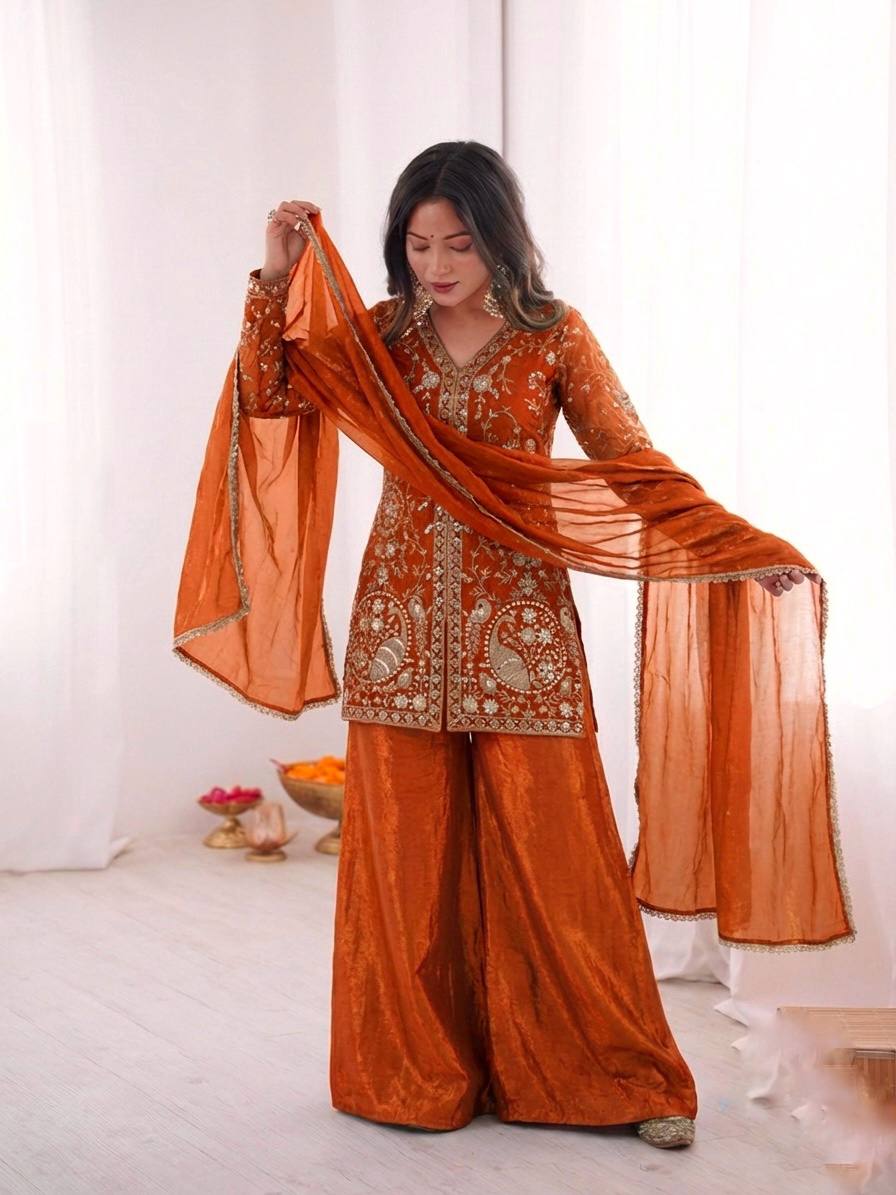 Orange Heavy Embroidery Sequence Sharara Suit