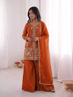 Orange Heavy Embroidery Sequence Sharara Suit