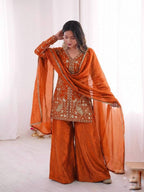 Orange Heavy Embroidery Sequence Sharara Suit