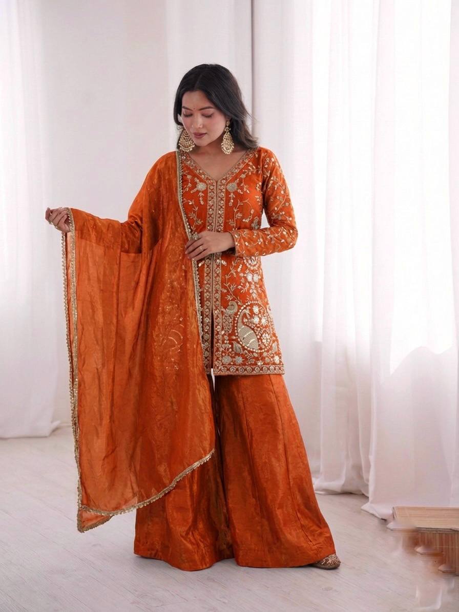 Orange Heavy Embroidery Sequence Sharara Suit