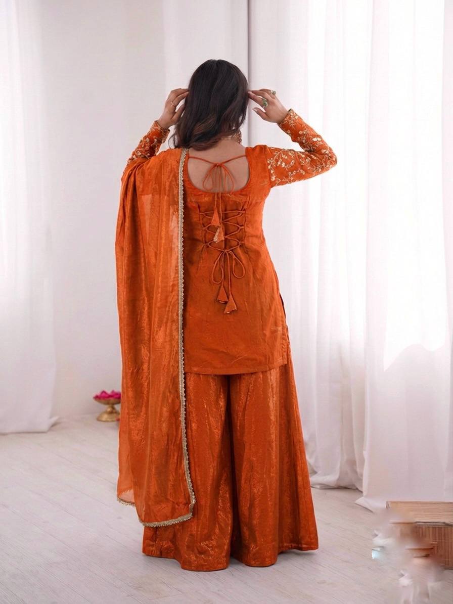 Orange Heavy Embroidery Sequence Sharara Suit