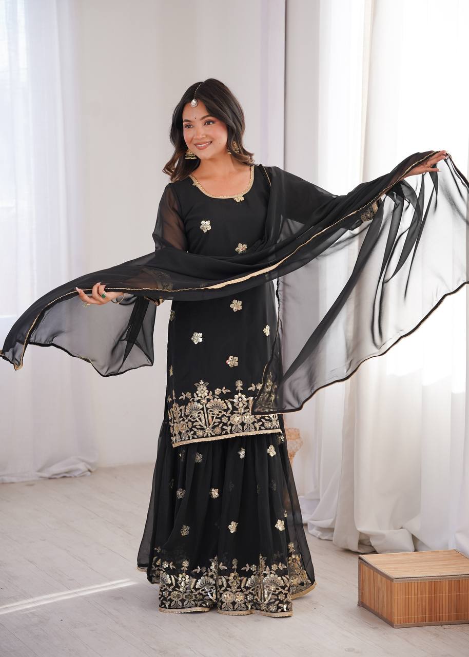 Black Sequence Work Sharara Set
