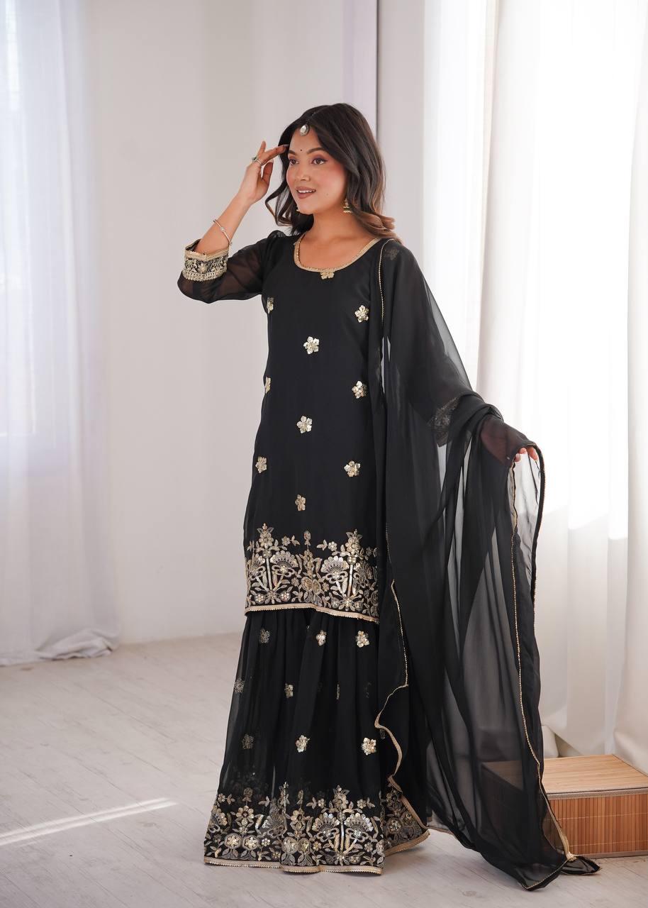 Black Sequence Work Sharara Set