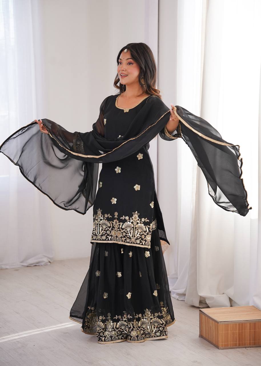 Black Sequence Work Sharara Set