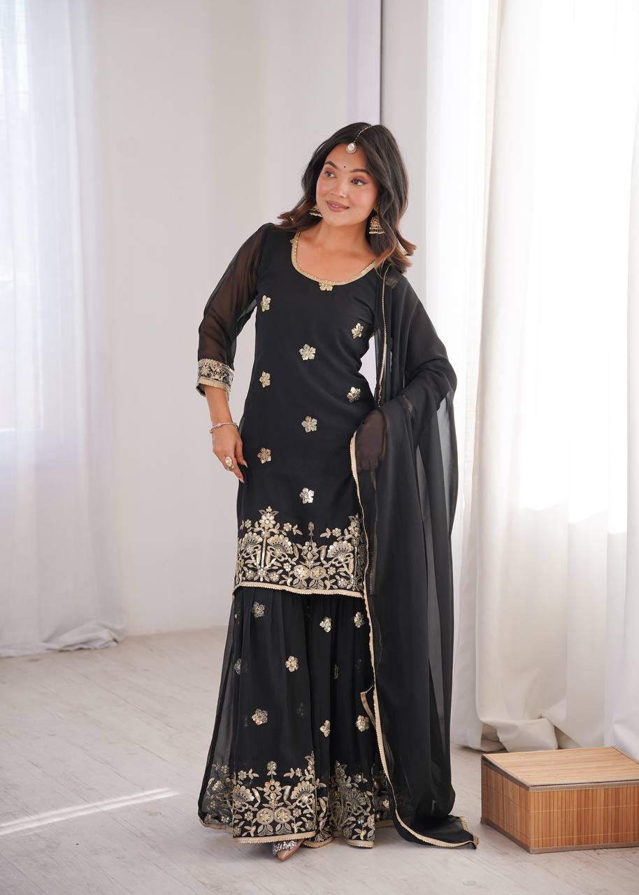Black Sequence Work Sharara Set