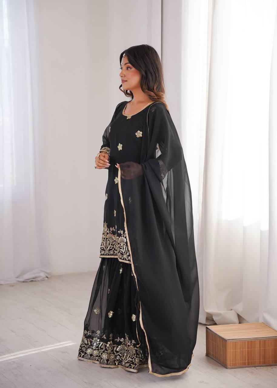 Black Sequence Work Sharara Set