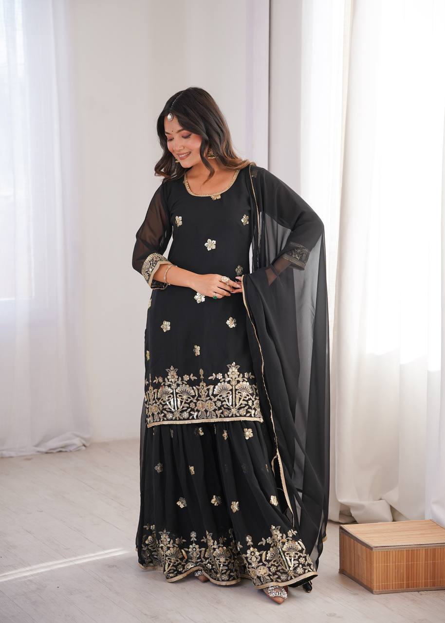 Black Sequence Work Sharara Set
