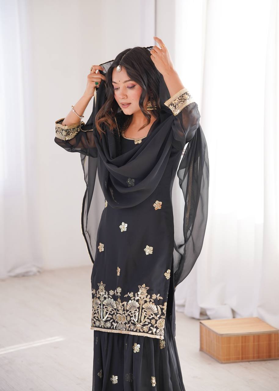 Black Sequence Work Sharara Set