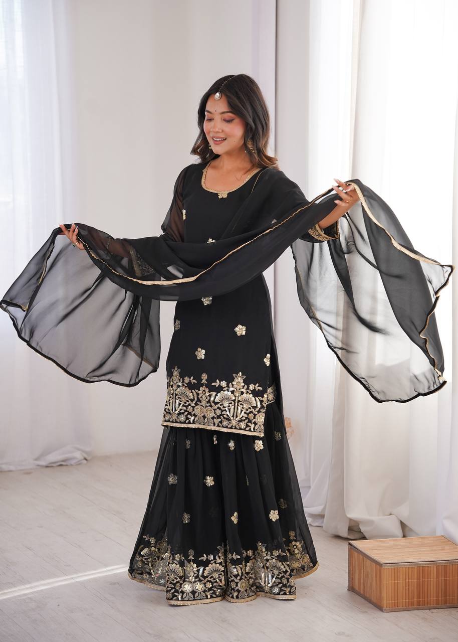 Black Sequence Work Sharara Set
