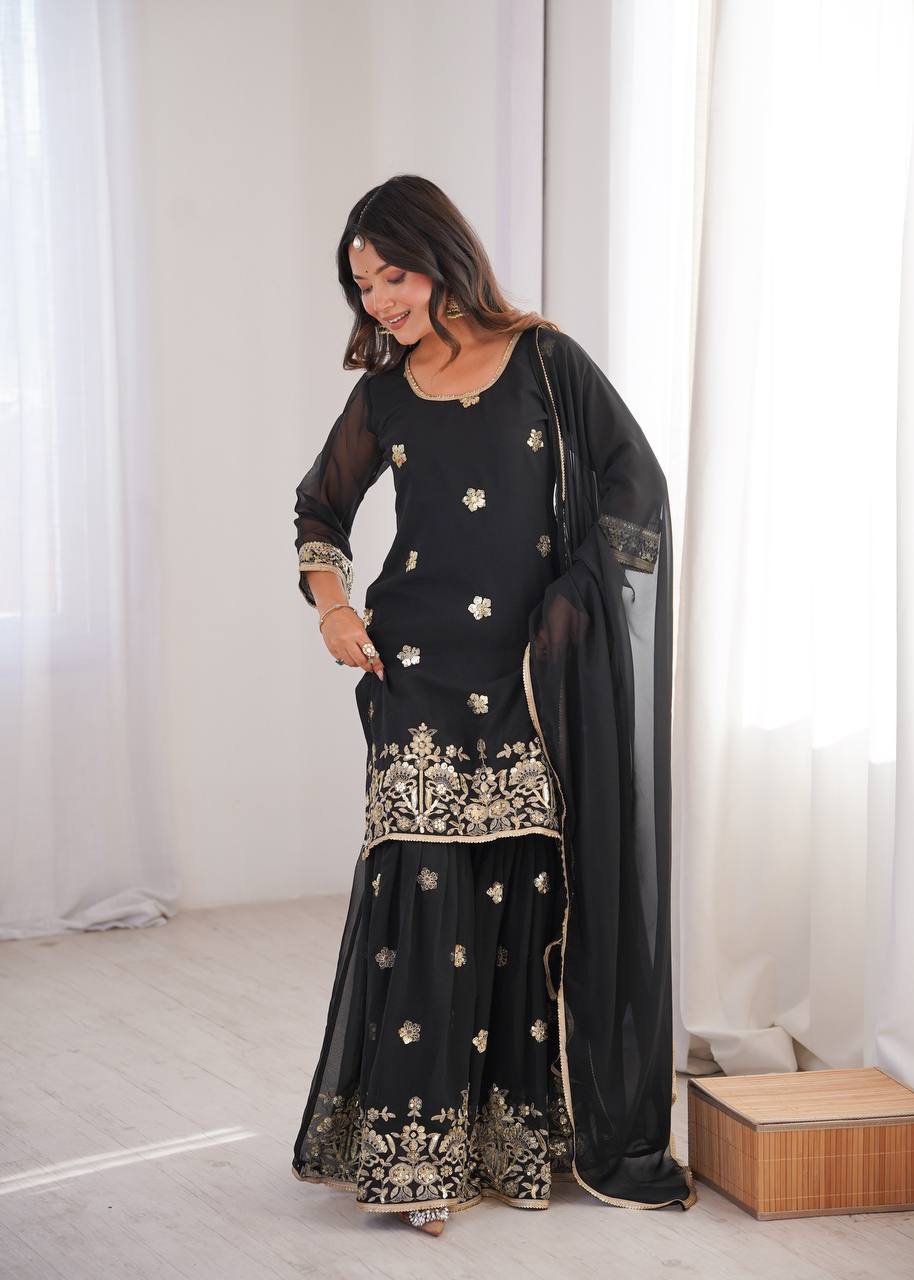 Black Sequence Work Sharara Set