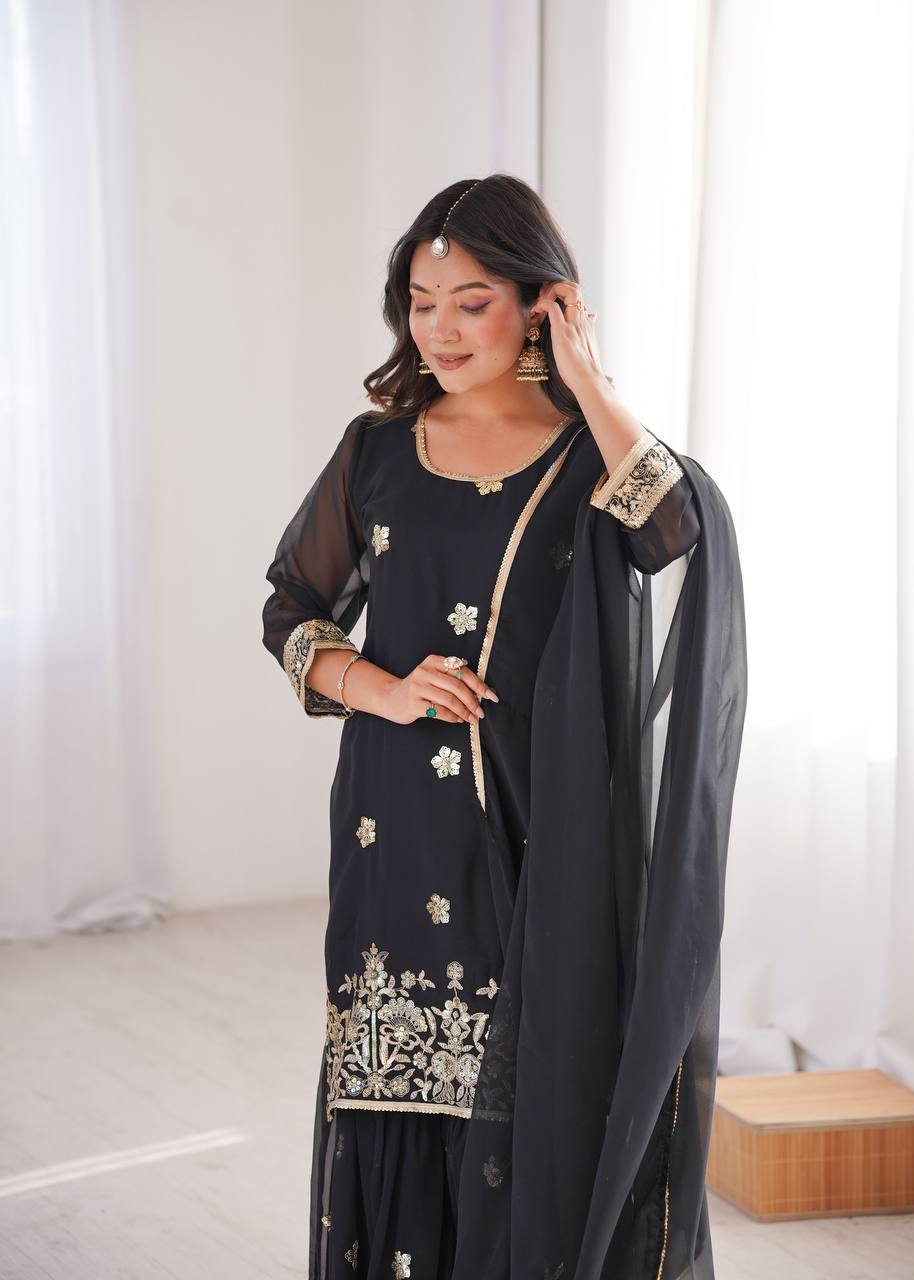 Black Sequence Work Sharara Set