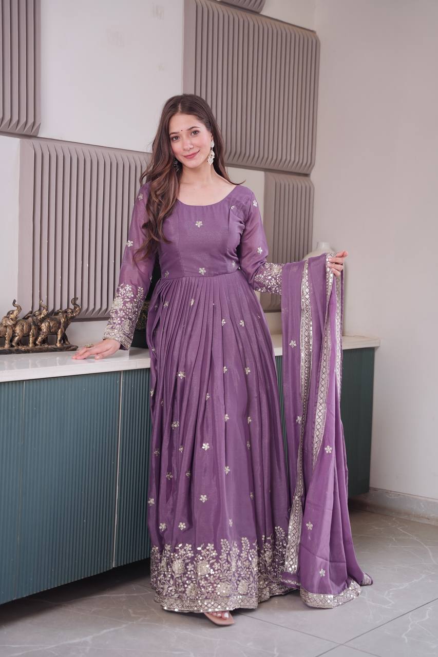 Purple Embroidery Silk Kurta Set