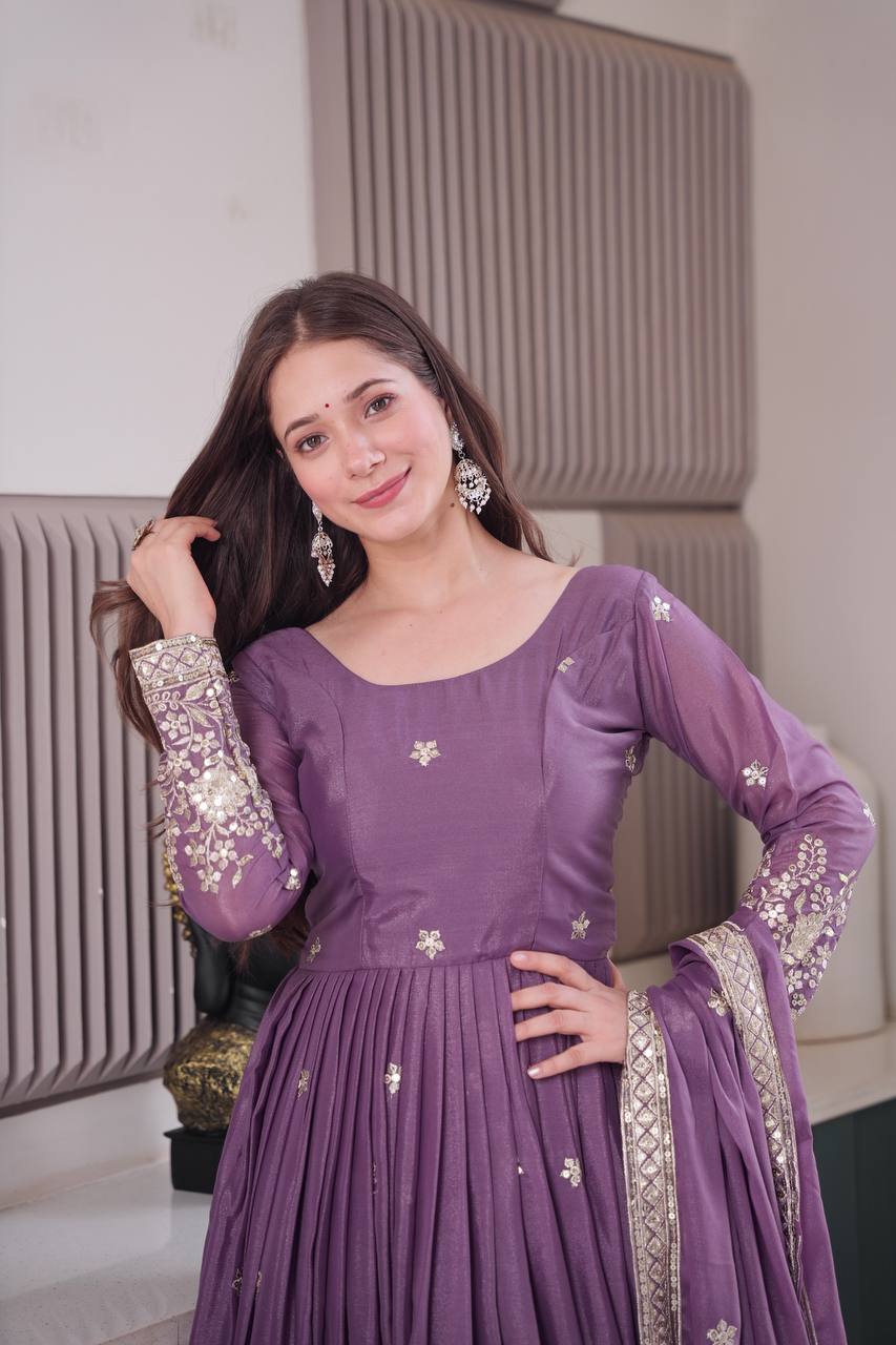 Purple Embroidery Silk Kurta Set