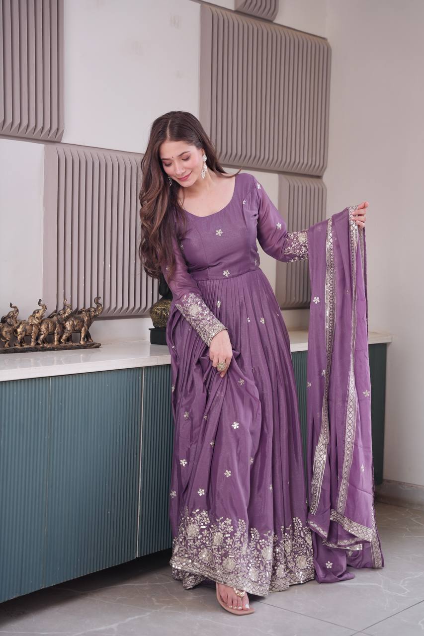 Purple Embroidery Silk Kurta Set