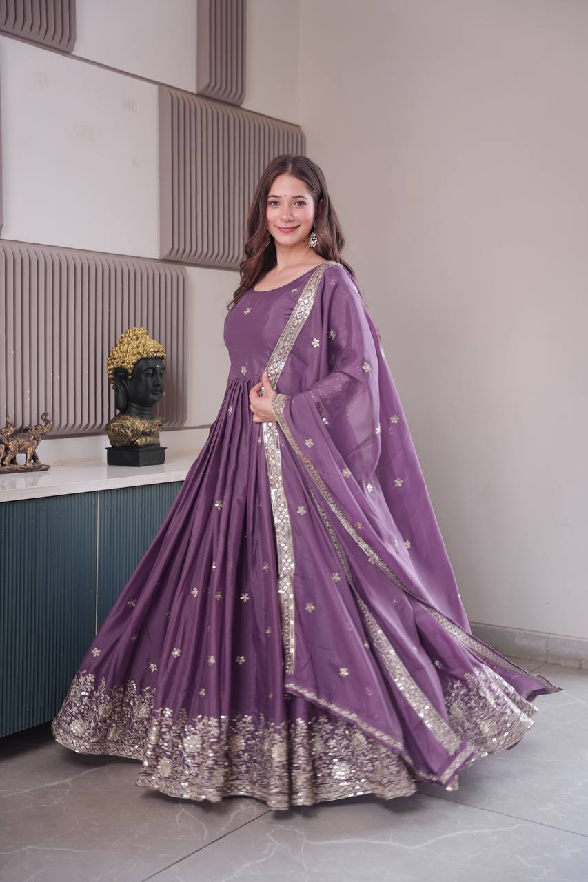 Purple Embroidery Silk Kurta Set