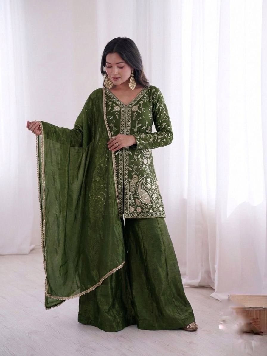 Mehndi Heavy Embroidery Sequence Sharara Suit