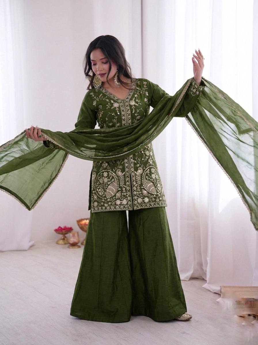 Mehndi Heavy Embroidery Sequence Sharara Suit