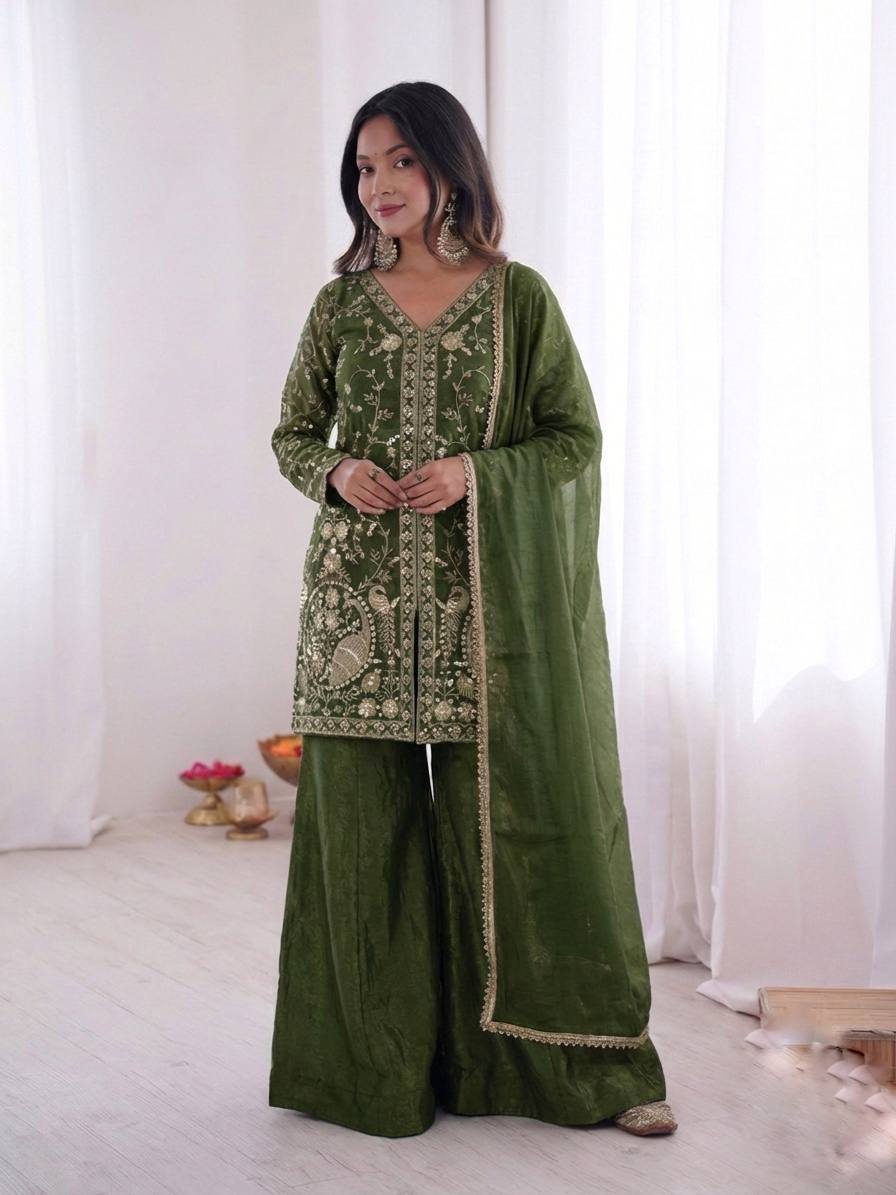 Mehndi Heavy Embroidery Sequence Sharara Suit