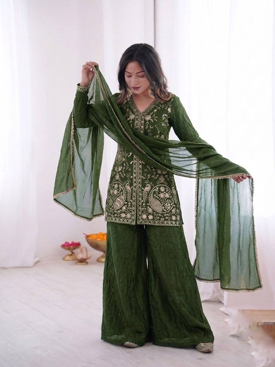Mehndi Heavy Embroidery Sequence Sharara Suit
