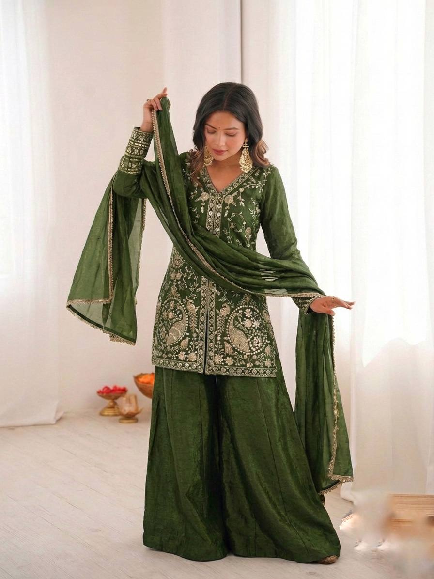 Mehndi Heavy Embroidery Sequence Sharara Suit