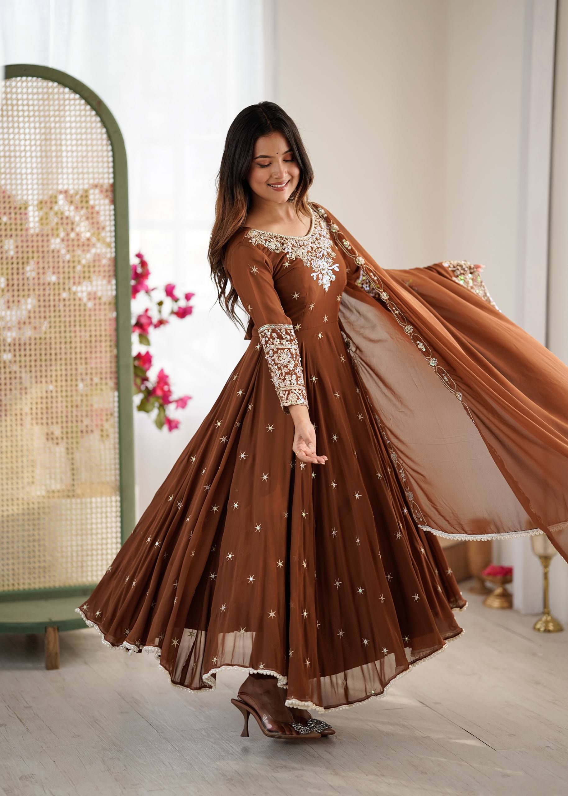 Brown Heavy Embroidery Rainbow Sequence with Moti Work Suit Set