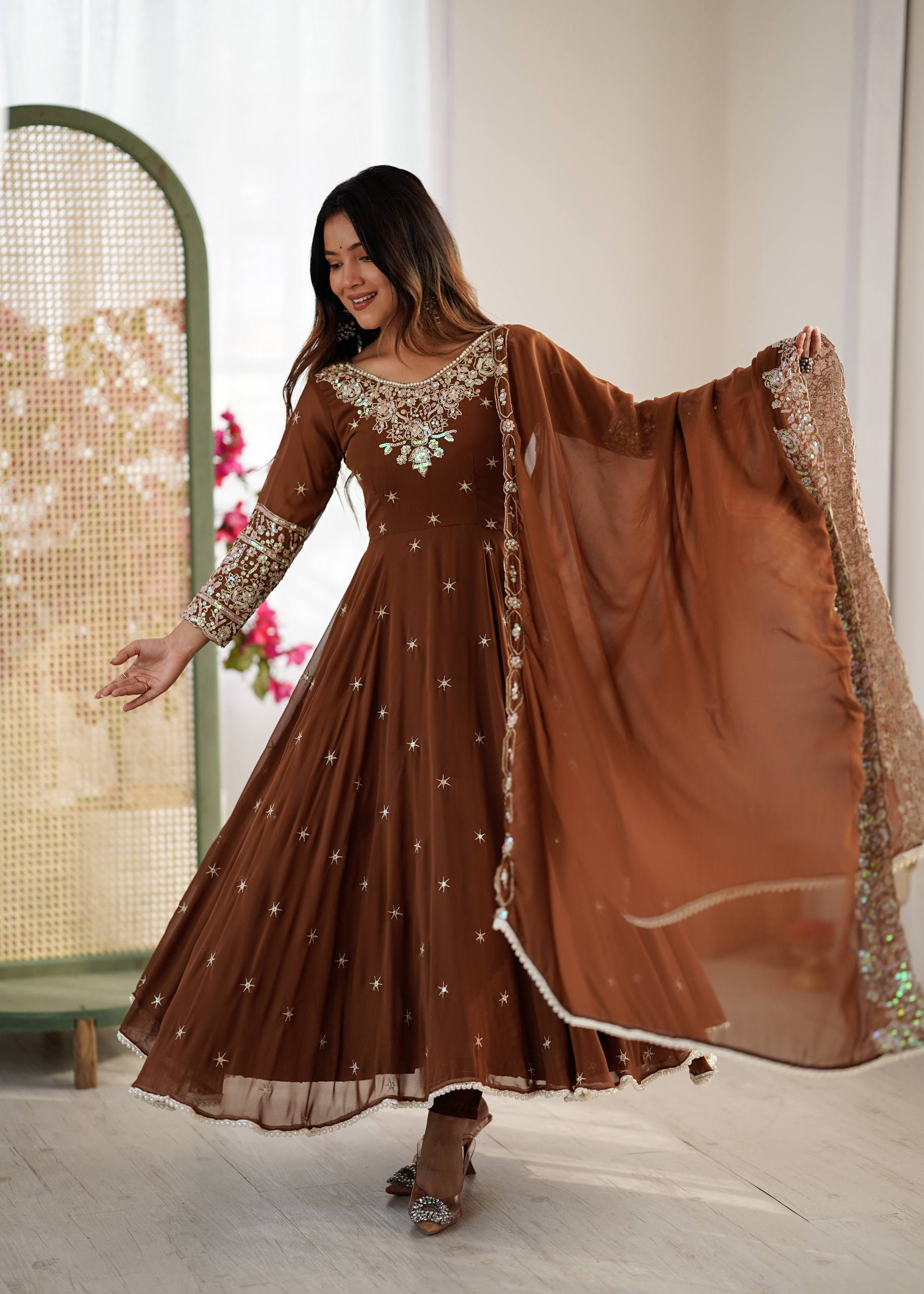 Brown Heavy Embroidery Rainbow Sequence with Moti Work Suit Set