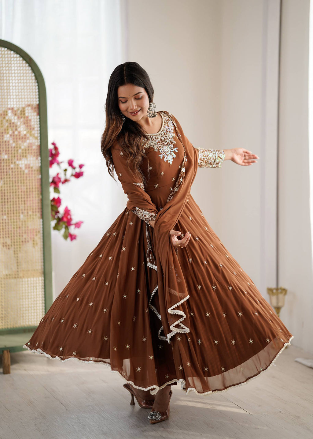 Brown Heavy Embroidery Rainbow Sequence with Moti Work Suit Set