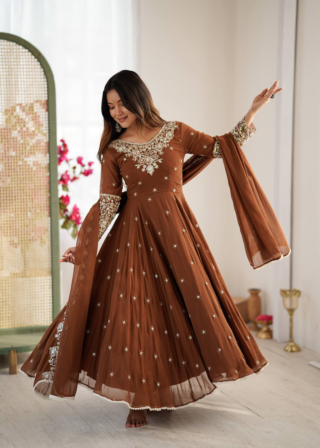 Brown Heavy Embroidery Rainbow Sequence with Moti Work Suit Set
