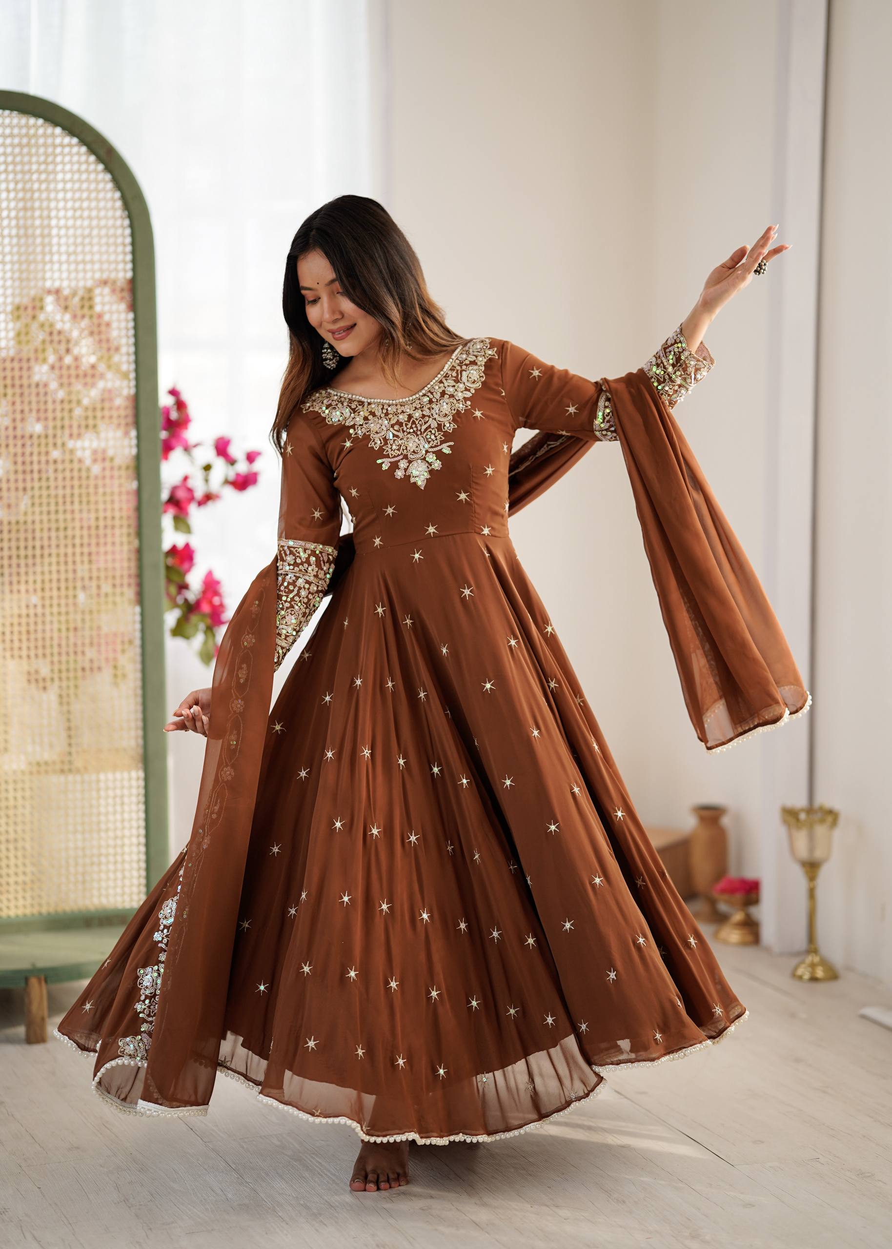 Brown Heavy Embroidery Rainbow Sequence with Moti Work Suit Set