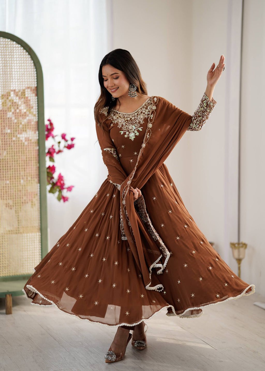 Brown Heavy Embroidery Rainbow Sequence with Moti Work Suit Set