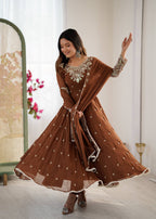 Brown Heavy Embroidery Rainbow Sequence with Moti Work Suit Set