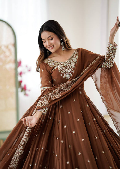 Brown Heavy Embroidery Rainbow Sequence with Moti Work Suit Set