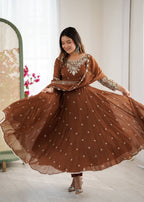 Brown Heavy Embroidery Rainbow Sequence with Moti Work Suit Set